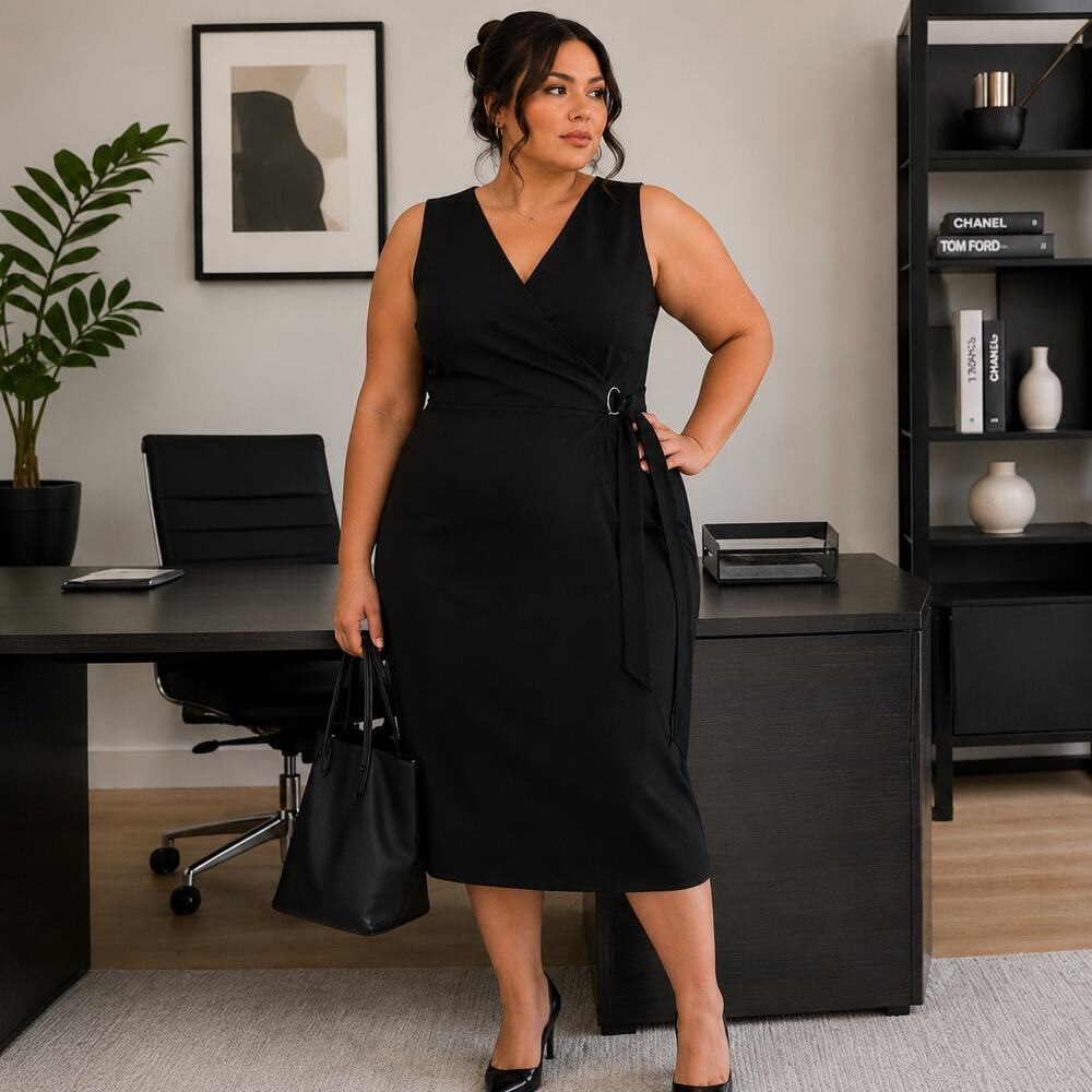 ABS Collection Faux Wrap Dress Sz 24W Minimalist Corpcore Black Career Midi New